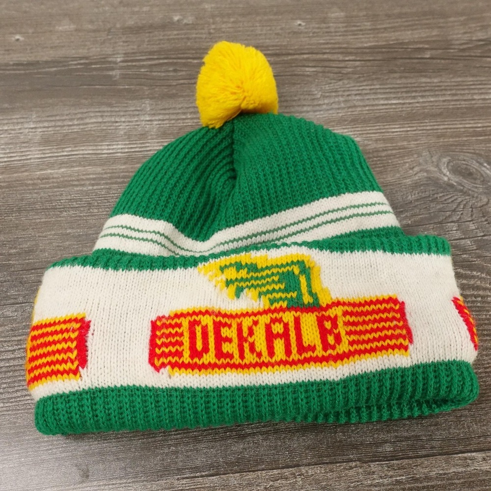 Vintage DEKALB Hat Beanie One Size Green White Yellow Knit Pom Winter 80s